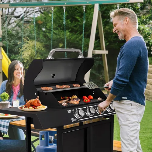 Miniatura 6 de Parrilla de gas propano de 4 quemadores con quemador lateral, parrilla de barbacoa al aire libre de 50,000 BTU, rejilla de cocción de hierro fundido