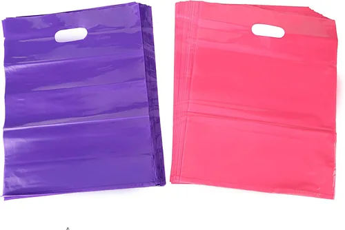 Kivvo 200 Merchandise bolsas de plástico de 12 x 15 pulgadas, color rosa y morado. Bolsos de compras por unidad con manija troquelada