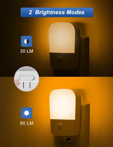 Miniatura 4 de Luces nocturnas ámbar enchufables a la pared, paquete de 2 luces LED de noche para dormitorio con sensor de atardecer a amanecer, brillo ajustable