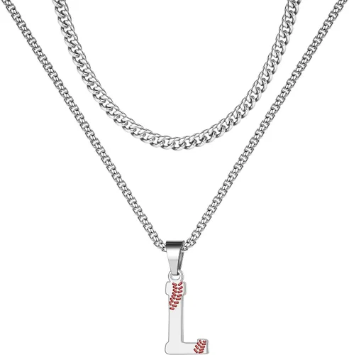 STORUP Collares de béisbol para niños y hombres, de acero inoxidable en capas plateadas, doradas, negras, iniciales, collares de béisbol para niños,