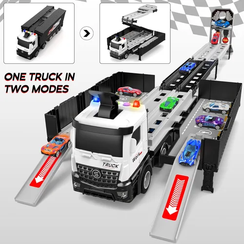Miniatura 5 de Camión de carreras para niños, juguete plegable de 3 capas para niños, camión de juguete para transportar autos y 8 autos de carreras, juguetes