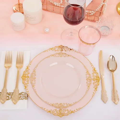 Miniatura 5 de Morejoy 175 platos de plástico rosa, juegos de platos desechables rosa y dorado, incluye 25 platos llanos, 25 platos de postre, 25 juegos de rosa