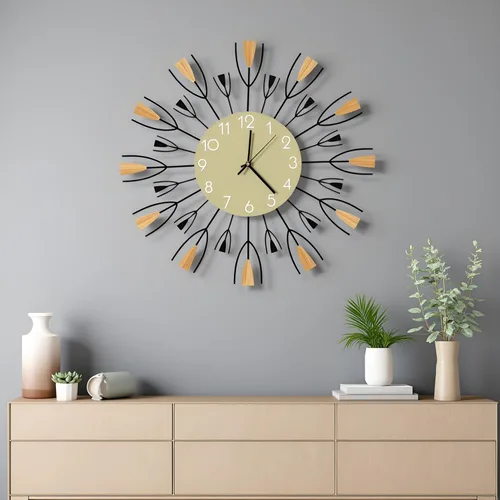 Miniatura 10 de Reloj de pared moderno de mediados de siglo de 24 pulgadas, diseño de metal de marco redondo con centro de madera de nogal, movimiento de cuarzo F
