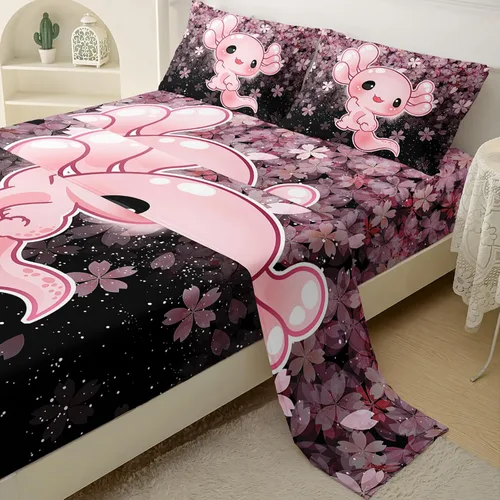 Miniatura 4 de QOOMO Ropa de cama Kawaii Axolotl para niños y niñas, diseño de flor de cerezo rosa, juego de ropa de cama súper suave para niños, con estrellas