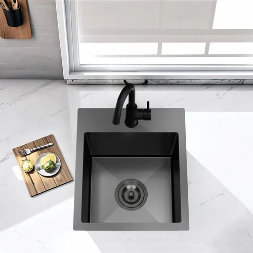 Miniatura 3 de Fregadero de barra negro de 13x15 pulgadas, fregadero de cocina de montaje superior de acero inoxidable cuadrado, estaciones de trabajo pequeñas