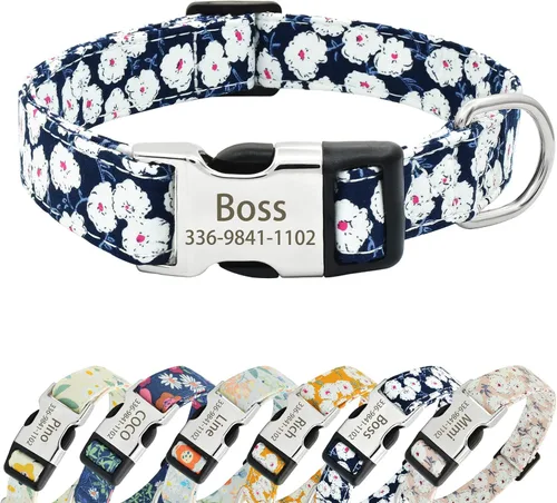 Miniatura 7 de Collares de perro florales personalizados con nombre, collares suaves personalizados con hebilla grabada para perros pequeños, medianos y grandes