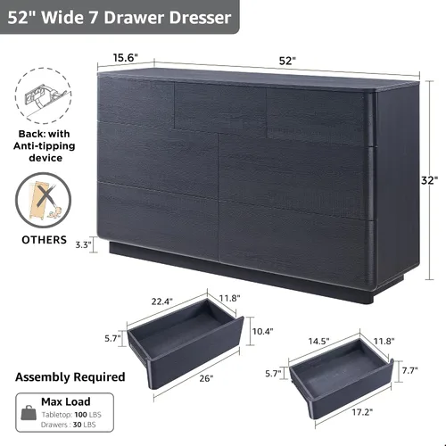 Miniatura 2 de JXQTLINGMU Cómoda de 7 cajones para dormitorio, cajonera moderna de empujar para abrir, gran almacenamiento de madera con perfil curvado y diseño