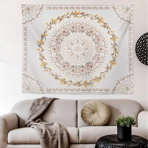 Miniatura 9 de Tapiz bohemio naranja para colgar en la pared, medallón floral de mandala, tapiz hippie con diseño de corona estética marrón claro, manta de Crema