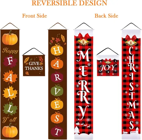 Miniatura 6 de Cartel reversible de Navidad y Acción de Gracias de 3 piezas, cartel de porche de Feliz Navidad y cosecha de otoño, cartel colgante a cuadros