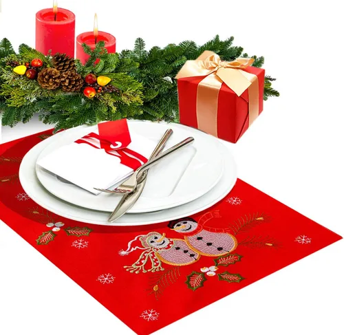 Miniatura 2 de Juego de 6 manteles individuales bordados rojos para Navidad e invierno, rectangulares de 12 x 18 pulgadas (muñeco de nieve)