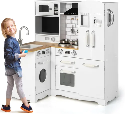OLAKIDS Juego de cocina de esquina para niños, cocina de madera para niños pequeños con teléfono, microondas, refrigerador, dispensador de agua,
