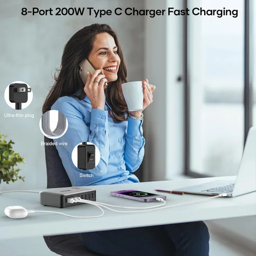 Miniatura 7 de Bloque de carga rápida USB C de 200 W, estación de carga de 8 puertos para iPhone/iPad/MacBook, caja de cargador 4C4A GaN, cargadores múltiples