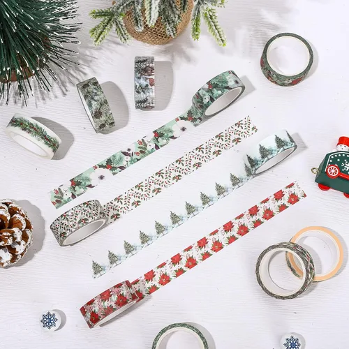 Miniatura 5 de Whaline 12 rollos de cinta washi floral de Navidad, acuarela, bayas, hojas de acebo, conos de pino, campanas de alce, plantas, cinta adhesiva
