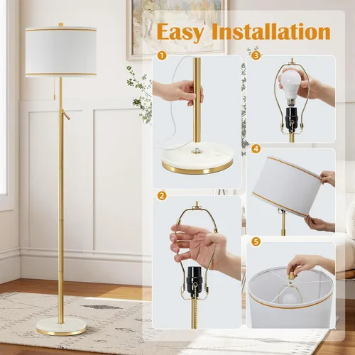 Miniatura 7 de GyroVu Lámpara de pie de mármol para sala de estar, lámpara de pie de altura ajustable con base de mármol, lámpara alta con pantalla blanca