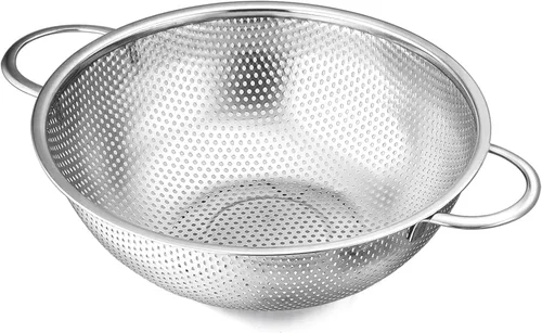 Miniatura 9 de E-far Juego de 3 coladores de acero inoxidable (1-3-5 cuartos de galón), colador de metal microperforado con mango para cocina/escurrimiento