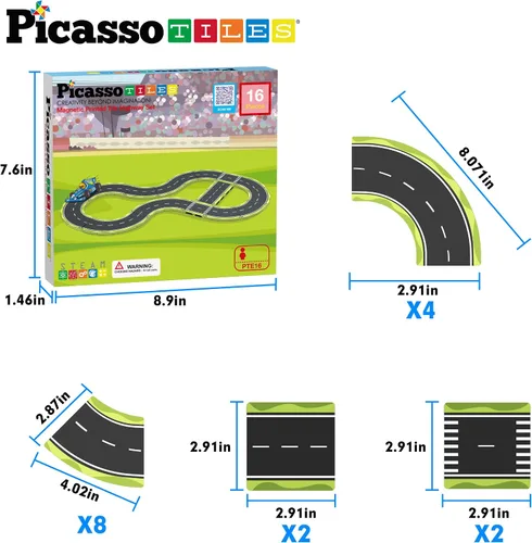 Miniatura 7 de PicassoTiles Azulejos Magnéticos de Construcción Pista de Autos Vehículo Magnético Tema de Aventura Calle Impresa Carretera Pista Autopista Bloque