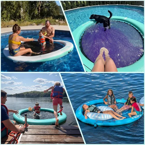 Miniatura 3 de FBSPORT Hamaca inflable de agua redonda flotante, 10/8/6 pies, plataforma flotante para lago con portavasos, flotador solar, balsa fría, anillo