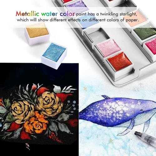 Miniatura 5 de Emooqi Juego de pinturas de acuarela, pintura sólida de acuarela con purpurina metálica, incluye 12 colores metálicos con purpurina, 2 pinceles