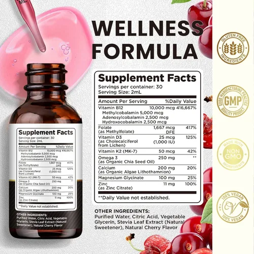 Miniatura 3 de Complejo de vitamina B12 de 10000 mcg Suplemento sublingual triple líquido B-12 gotas Mezcla de metilcobalamina y adenosilcobalamina e hidroxo