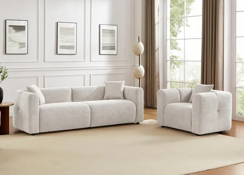 Miniatura 21 de Juegos de muebles de sala de estar VANOMi incluyen sofá de 95" y sillones de 42", sofá tapizado de bouclé extragrande con almohadas, juego de Blanco