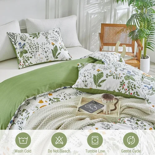 Miniatura 8 de Lekesky - Juego de funda de edredón de algodón tamaño queen, 100% algodón reversible con estampado floral verde, juego de funda de edredón