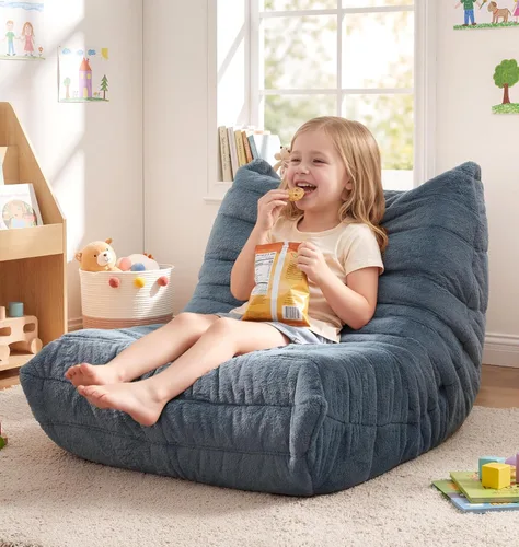 Miniatura 17 de Sillones tipo puf para adultos, puf gigante con espuma viscoelástica, sillón puf con relleno, piel sintética, para la sala, dormitorio u oficina azul