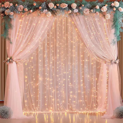 Miniatura 10 de Cortina de telón de fondo de tul azul bebé de 10 x 8 pies con cadena de luces para fiestas, cortinas de fondo transparentes para bodas, baby shower