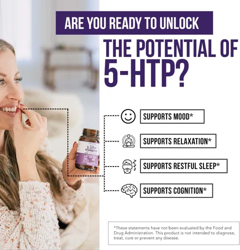 Miniatura 4 de 5-HTP Orgánico - 200 mg Concentración de 99% de 5HTP, más Vitamina B6 Cofactor y Lion’s Mane Extraído del Agua de Semillas de Griffonia
