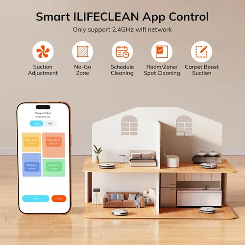Miniatura 5 de ILIFE Aspiradora robot A30s, aspiradora robótica de succión máxima de 10000 Pa con navegación LiDAR, mapeo del hogar, zona prohibida, 150 minutos