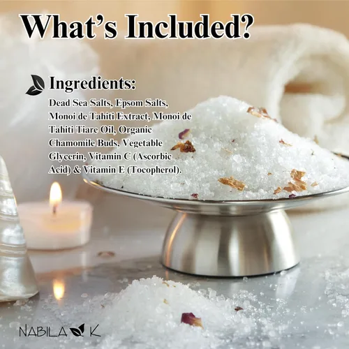 Miniatura 4 de Nabila K - Sales de baño monoi polinesias – Sal del Mar Muerto y sal de Epsom exfoliante y remojar – Exfolia e hidrata la piel, aceites esenciales