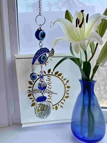 Miniatura 3 de Colgante de cristal azul con dije de ojo malvado, mariposa, ángel, girasol, talismán, atrapa el sol, hecho a mano, amuleto de buena suerte, oficina