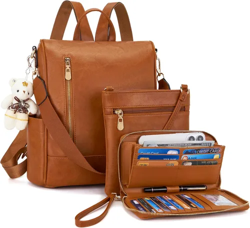 Miniatura 12 de Soperwillton Mochila de moda para mujer, bolso de hombro de cuero antirrobo, bolsa de viaje, múltiples bolsillos, cartera, juego de 3 piezas