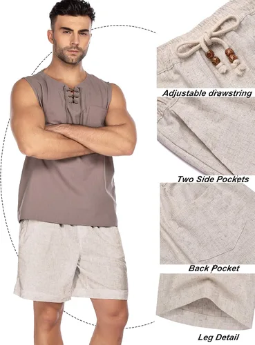 Miniatura 5 de COOFANDY - Pantalones cortos de lino para hombre, informales, de playa, veraniegos, con cordón y cintura elástica