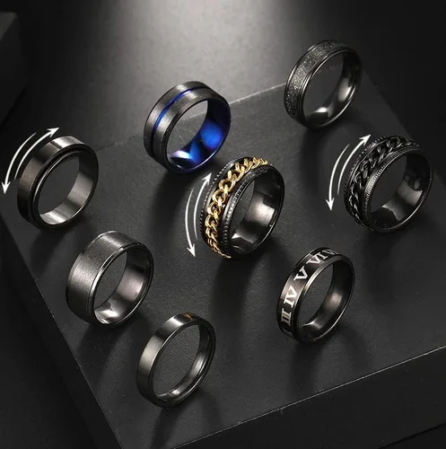 Miniatura 7 de Anillos antiestrés de acero inoxidable para hombres, anillos plateados para ansiedad para mujeres, juego de anillos giratorios geniales, paquete