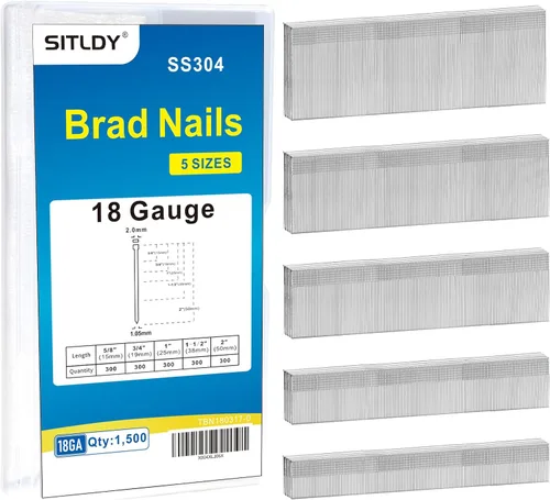 Miniatura 18 de Clavos Brad de acero inoxidable 304 calibre 18 de 1-1/2 pulgadas, paquete de 2400 clavos de pistola de uñas de acabado pequeño para neumática