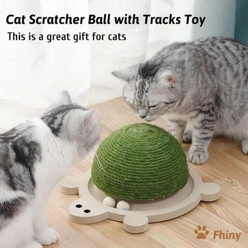 Miniatura 6 de Fhiny Pelota rascador para gatos, juguete rascador de sisal natural con pista de rodillos y base de madera con forma de tortuga para gatos de Verde