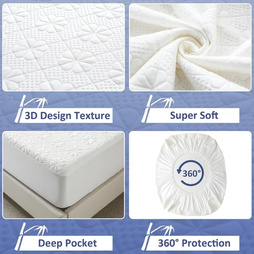 Miniatura 3 de Protector de colchón impermeable de viscosa de bambú tamaño Queen, funda de colchón refrescante para cama tamaño Queen, funda de colchón súper suave