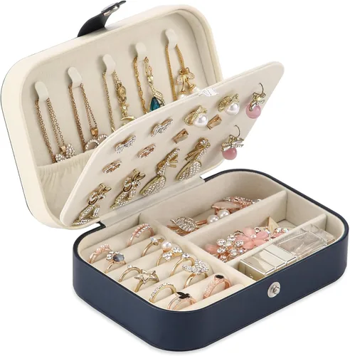 Joyero de viaje, organizador de joyas pequeño de piel sintética para mujeres y niñas, mini estuche de viaje portátil de doble capa para guardar