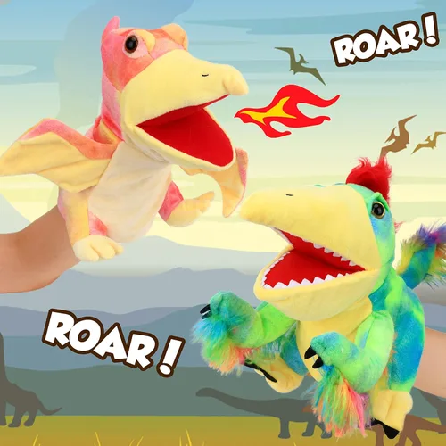 Miniatura 6 de Marioneta de mano de peluche de Caudipteryx, juguete de animal de peluche con boca móvil abierta, dinosaurio de peluche creativo para juego de rol