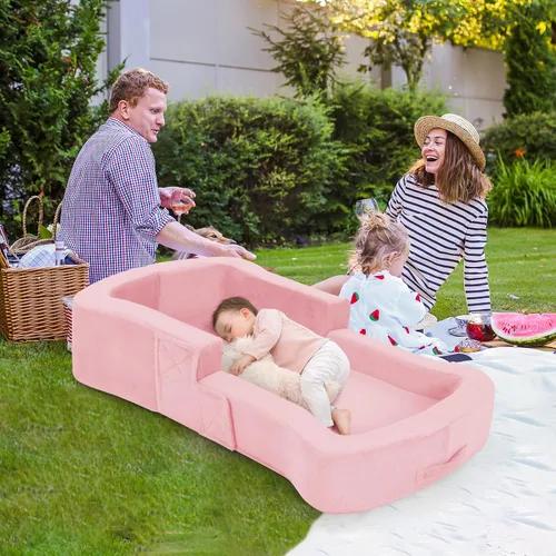 Miniatura 8 de whiffee Cama de viaje para niños pequeños, cama sofá silla portátil plegable 2 en 1, catre de piso suave para bebés y niños con fundas lavables, Rosa