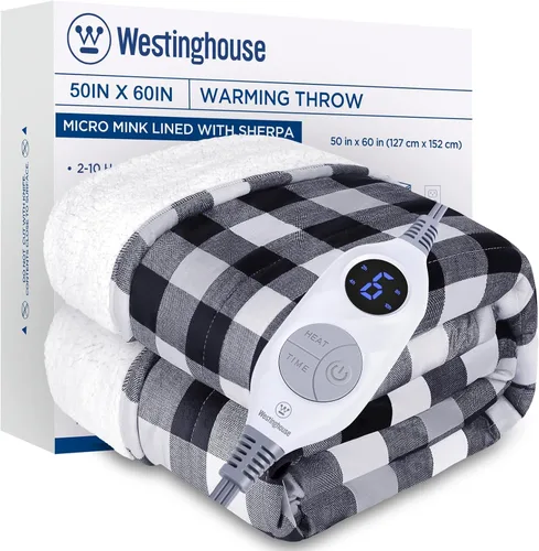 Miniatura 16 de Manta eléctrica térmica Westinghouse de franela y sherpa con 6 niveles de calefacción y apagado automático de 2-10 horas, manta térmica con jacquard