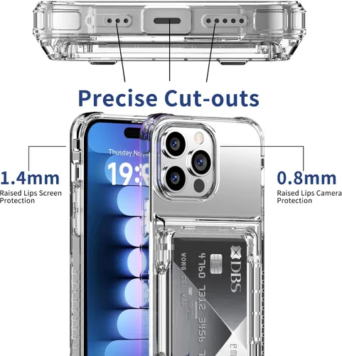 Miniatura 6 de ACANDYA Funda protectora transparente para iPhone 15 Pro Max con tarjetero de crédito, protección resistente, a prueba de golpes, antiarañazos