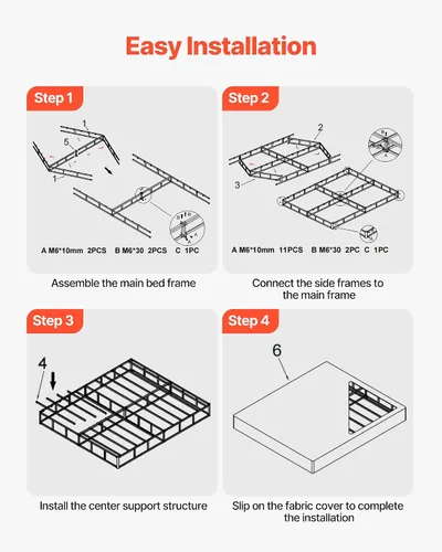 Miniatura 7 de VEVOR Base de cama tamaño Queen con tela lavable, marco de metal resistente para cama Queen, base de colchón de 4 pulgadas, capacidad máxima