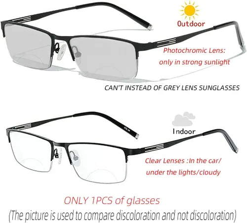Miniatura 2 de laureles Gafas de lectura bifocales para hombre, lentes fotocromáticas para negocios, lentes fotocromáticas, metales, medio marco, moda, transición
