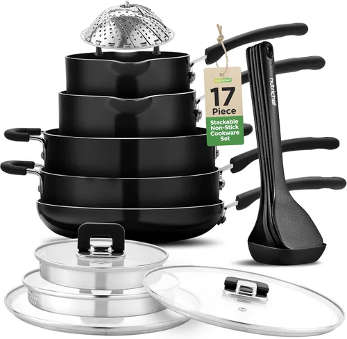 NutriChef Juego de 17 piezas de ollas y sartenes negras apilables, utensilios de cocina antiadherentes de inducción, ahorro de espacio, fácil de