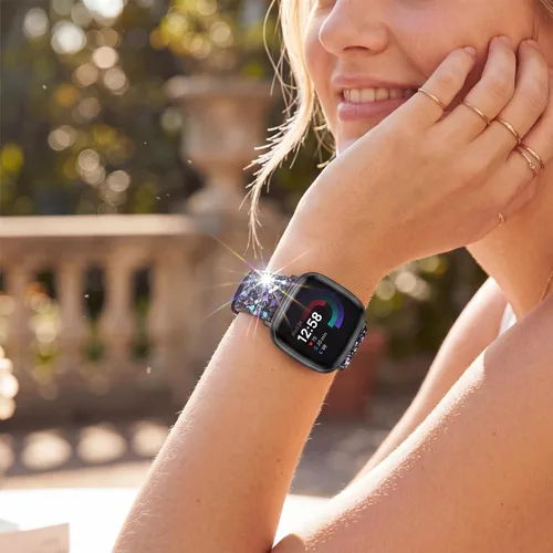 Miniatura 4 de Correa brillante compatible con Fitbit Versa 4/Fitbit Versa 3/Fitbit Sense 2/Sense Bandas Mujer Bling Glitter Correa de Cuero Accesorio de Correa