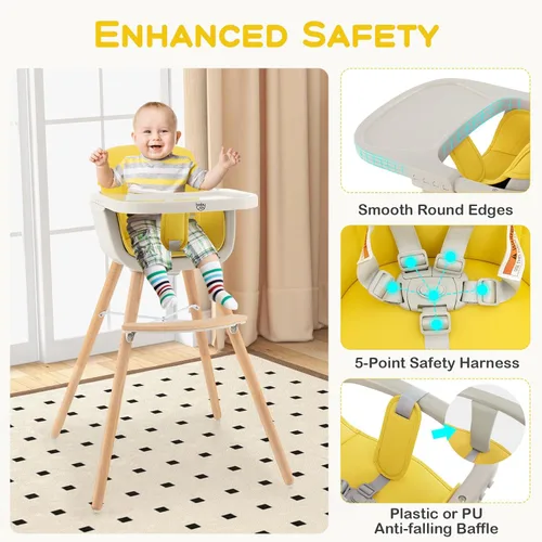 Miniatura 4 de BABY JOY Trona convertible para bebé, 3 en 1, silla alta de madera/asiento elevador/silla con bandeja extraíble, patas ajustables, arnés de 5