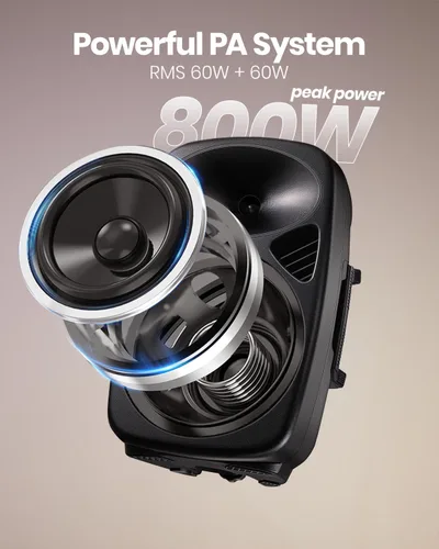 Miniatura 2 de Moukey Sistema de PA, altavoces DJ de 8 pulgadas de 800 W de pico con batería recargable, Bluetooth 5.0, altavoces PA activos y pasivos con entradas