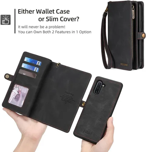 Miniatura 5 de Asuwish Funda de teléfono para Samsung Galaxy Note 10 5G con cremallera, funda desmontable con protector de pantalla de vidrio templado y tarjetero