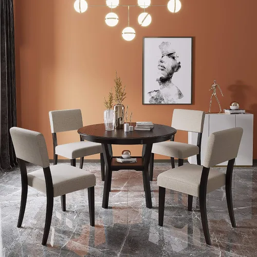 FRANSOUL Juego de 5 mesas redondas de madera con estante inferior, 4 sillas tapizadas para comedor, cocina, comedor, desayuno familiar, color marrón
